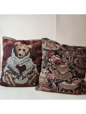 Boyds Bears & Friends Vintage Tapestry Throw Pillows Set of 2 Bear & Teacups